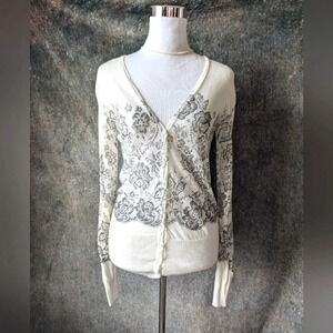 Ivory Floral Lightweight Merino Wool Cardigan